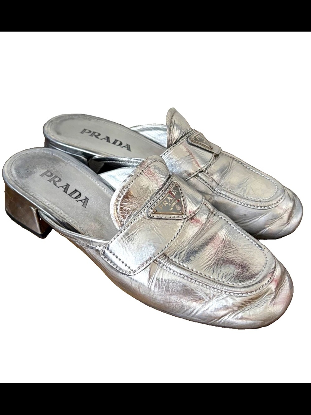 PRADA Silver Metallic Leather Mules Loafer Slides size 7 37.5